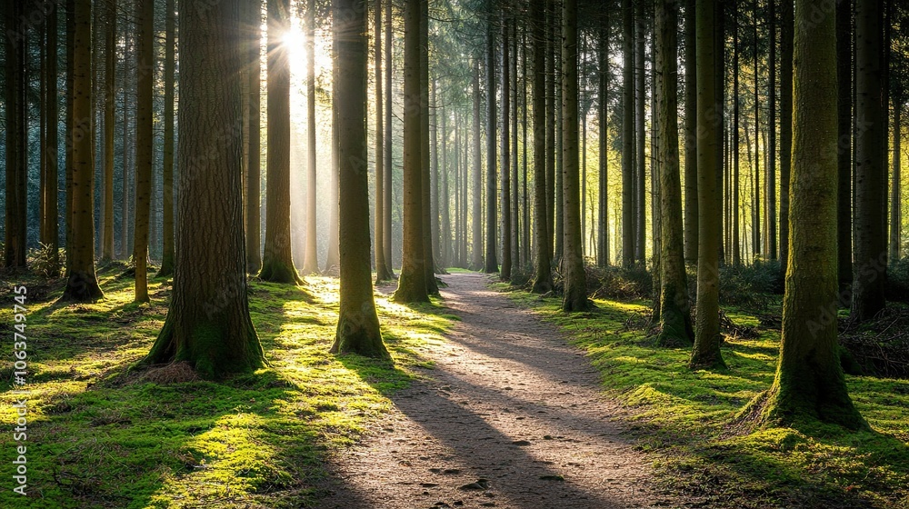Obraz premium Rays of the sun breaking through the pine forest and the road in it. Coniferous trees tall and slender. Natural background. Illustration for cover, postcard, interior design, poster or presentation.
