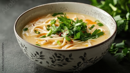 A delectable bowl of noodle soup featuring fresh herbs and a rich, savory broth, providing a hearty and satisfying meal in an elegant ceramic bowl. photo