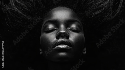 Close-up portrait of an African American girl with her eyes closed, she is beautiful and dreamy. Fashionable female image. Illustration for cover, interior design, poster, brochure or presentation.