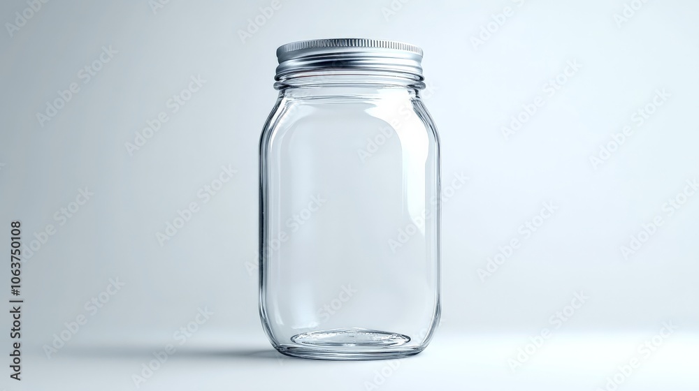 Empty Glass Jar Mockup: A clear, empty glass jar with a silver lid stands proudly on a neutral background, ready to be filled with your product or design. Empty Glass Jar Mockup: A clear, empty glass jar with a silver lid stands proudly on a neutral background, ready to be filled with your product or design.