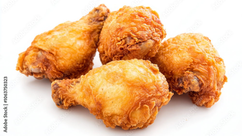 A close-up of four crispy fried chicken drumsticks on a white background. A close-up of four crispy fried chicken drumsticks on a white background.
