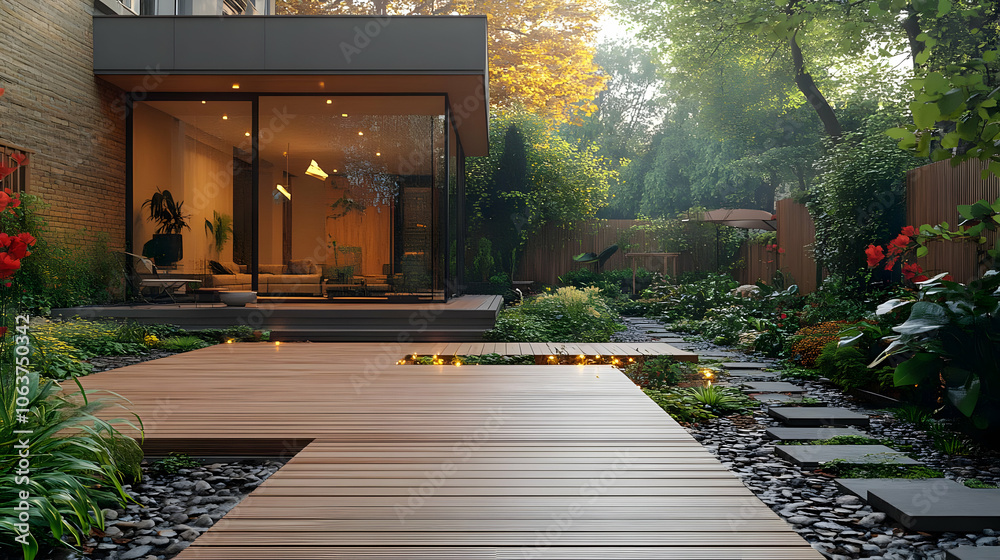 Fototapeta premium Wooden Deck Patio With Stone Pathway 3D Illustration