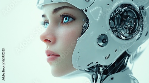 Close-up profile of a female android with blue eyes and a white helmet.