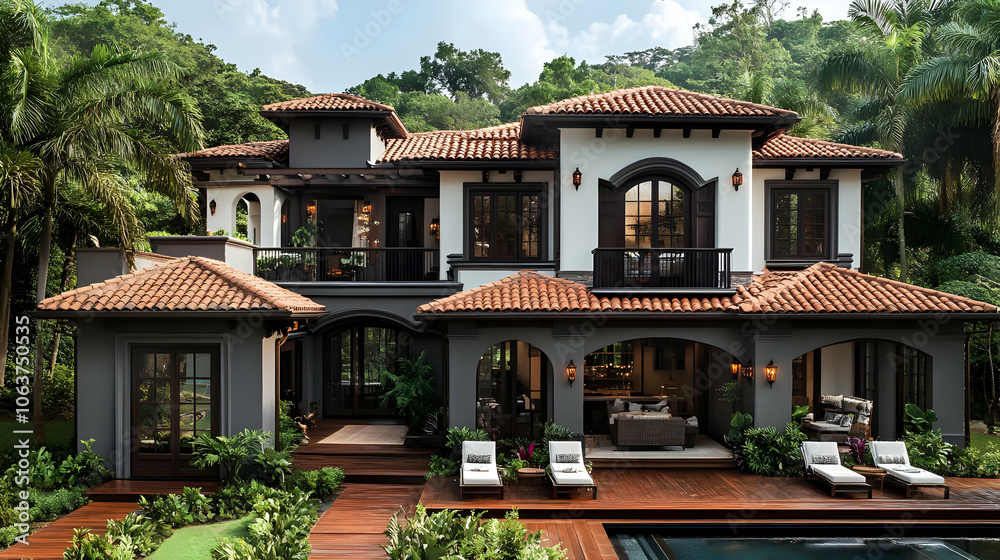 Luxury Modern Villa with Tile Roof, Patio, and Pool - Realistic Image Luxury Modern Villa with Tile Roof, Patio, and Pool - Realistic Image