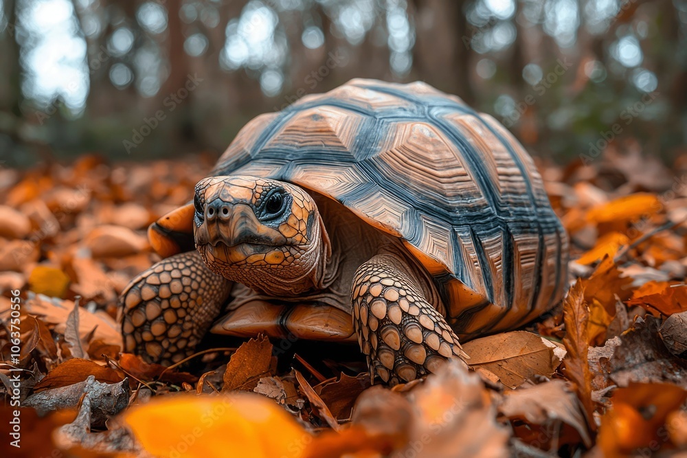 Naklejka premium Close-up of a Radiated Tortoise on a Bed of Autumn Leaves