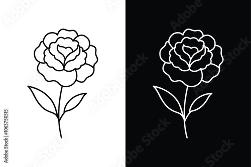 Black and White Carnation Flower Icon. Line Art Contour Illustration