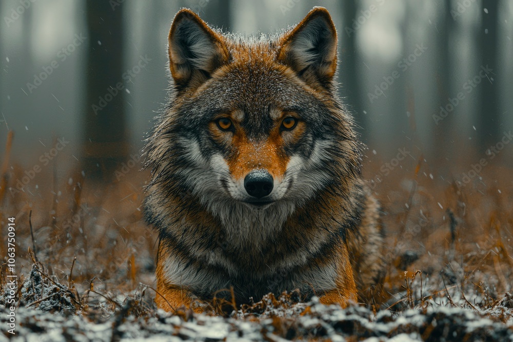 A Lone Wolf in a Snowy Forest, Gazing Intensely at the Camera A Lone Wolf in a Snowy Forest, Gazing Intensely at the Camera