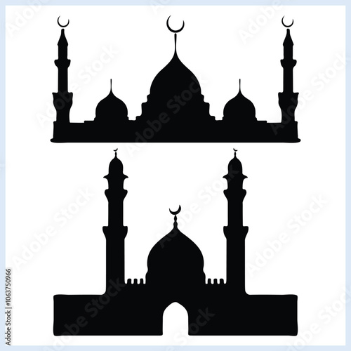 Mosque silhouette, Islamic black Masjid vector illustration, Simple Eid mosque icon isolated 