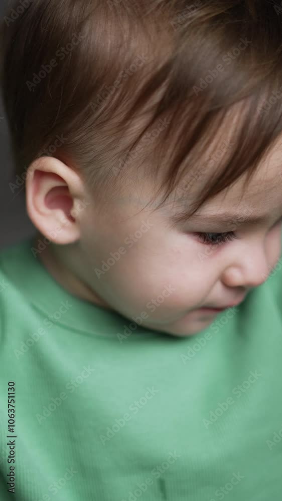 Mom's hand holding a big red apple to her baby boy. Adorable child takes a fruit in his hands and bites it. Close up. Blurred backdrop. Vertical video