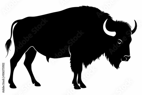 Bison company" logo template. Vector black color illustration of american bison, standing in profile. Isolated on white, Bison vector Illustration black silhouette icon t-shirts cards.