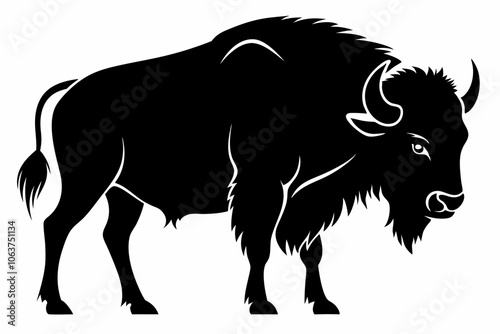 Bison company" logo template. Vector black color illustration of american bison, standing in profile. Isolated on white, Bison vector Illustration black silhouette icon t-shirts cards.