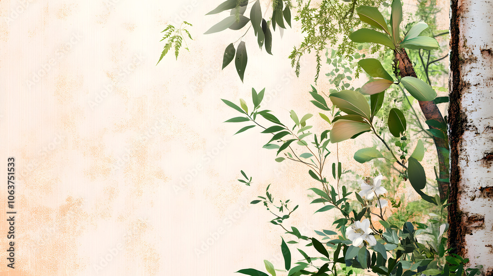 Lush green leaves and birch tree create serene natural backdrop Lush green leaves and birch tree create serene natural backdrop