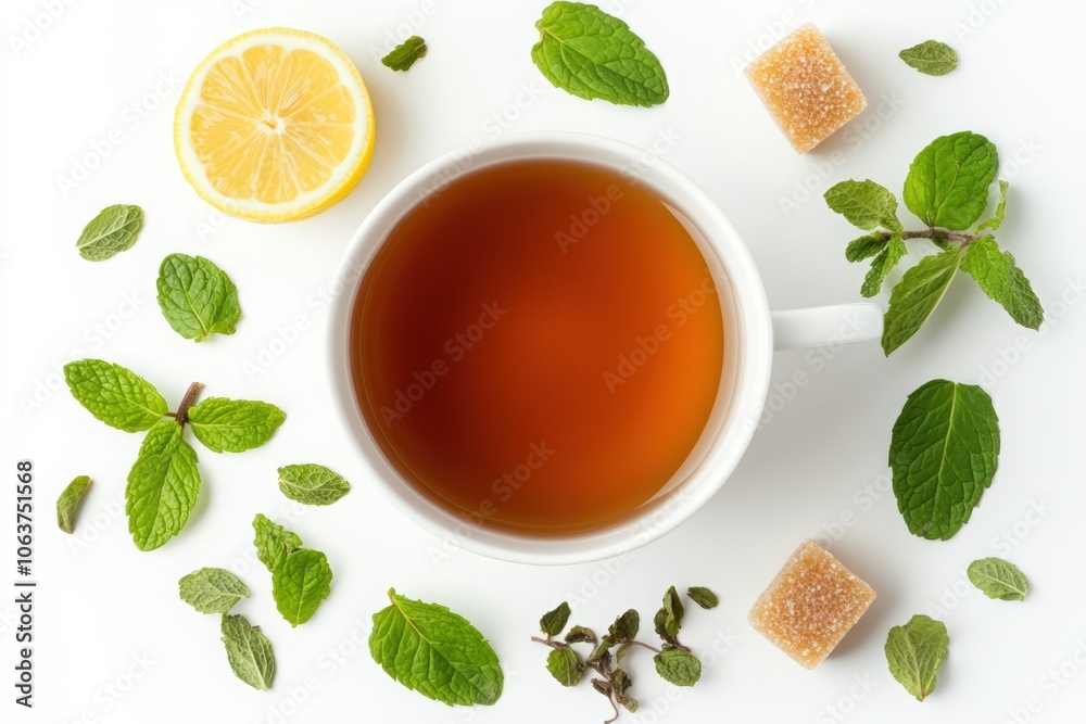 a cup with lemon and mint tea on a white plate, top view. A sugar cube with a piece cut out of it is near it. A small daisy flower lies inside the mug. honey or brown sugar cubes. cup of rosemary tea a cup with lemon and mint tea on a white plate, top view. A sugar cube with a piece cut out of it is near it. A small daisy flower lies inside the mug. honey or brown sugar cubes. cup of rosemary tea