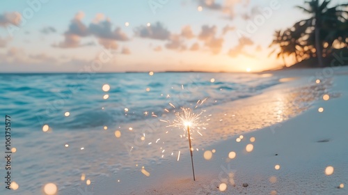Sparkler glowing on the beach at sunset creating a magical moment by the ocean