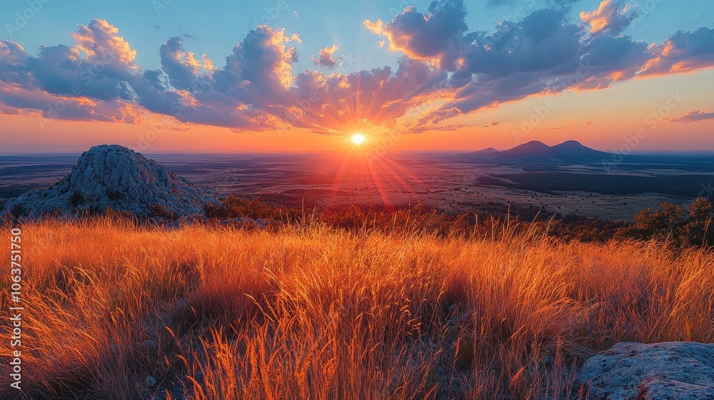 Obraz premium A stunning sunset over a mountain range with golden grass in the foreground.
