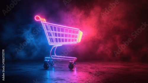 A neon shopping cart glows brightly in a smoky, futuristic setting.