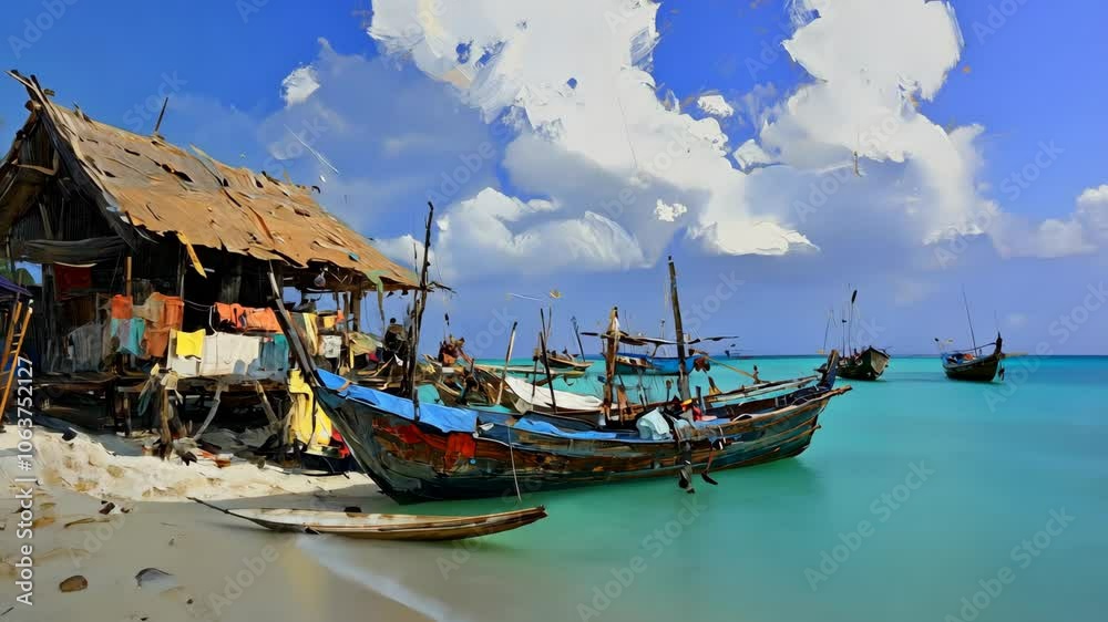 Wooden boats are anchored near a small, simple building on a sandy beach Wooden boats are anchored near a small, simple building on a sandy beach