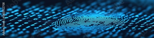 Blue digital fingerprint on binary code background