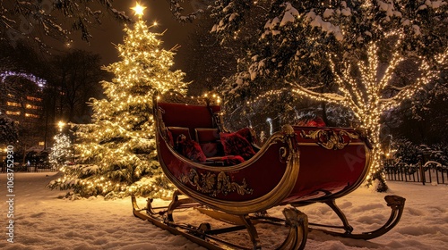 santa sleigh parked in front of a glowing Christmas tree