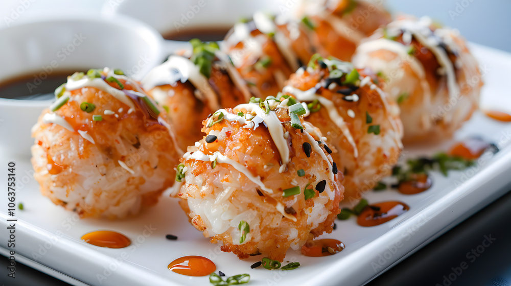 Sushi rice balls. Arranged on a white plate with dipping sauces. Emphasizing presentation and texture. Ideal for Japanese cuisine blogs and food presentations. Sushi rice balls. Arranged on a white plate with dipping sauces. Emphasizing presentation and texture. Ideal for Japanese cuisine blogs and food presentations.