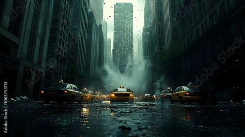 Rainy City Street with Taxi...