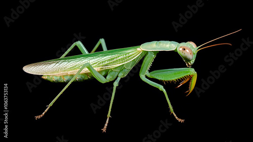 detailed macro shot of green praying mantis showcasing its features photo