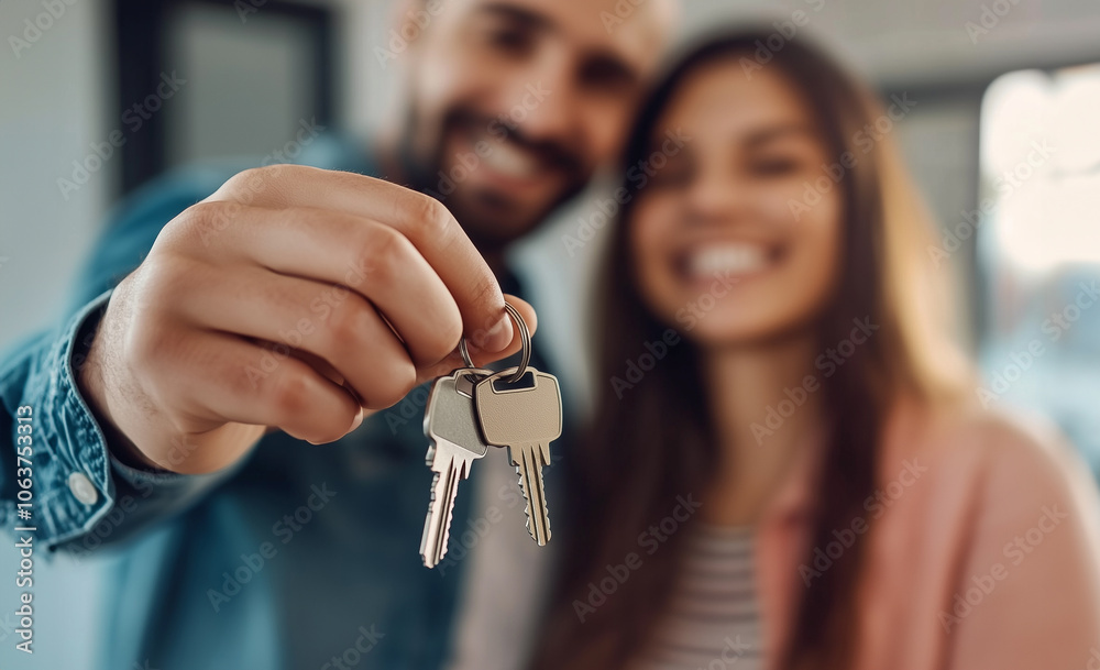 A man and woman are holding keys in their hands, smiling at the camera