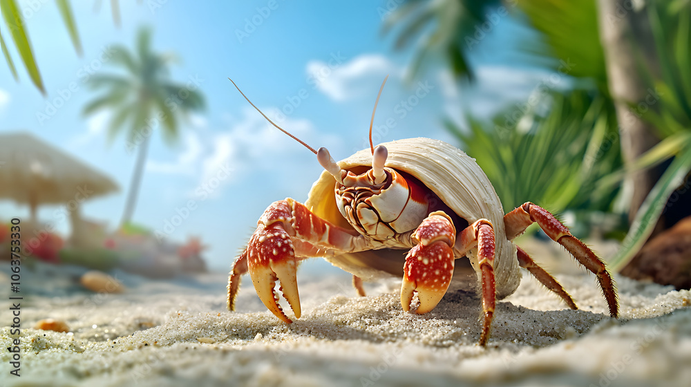 High resolution image of hermit crab on sandy beach, showcasing its vibrant shell and claws High resolution image of hermit crab on sandy beach, showcasing its vibrant shell and claws