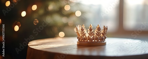 Golden crown resting on wooden surface with soft light backdrop