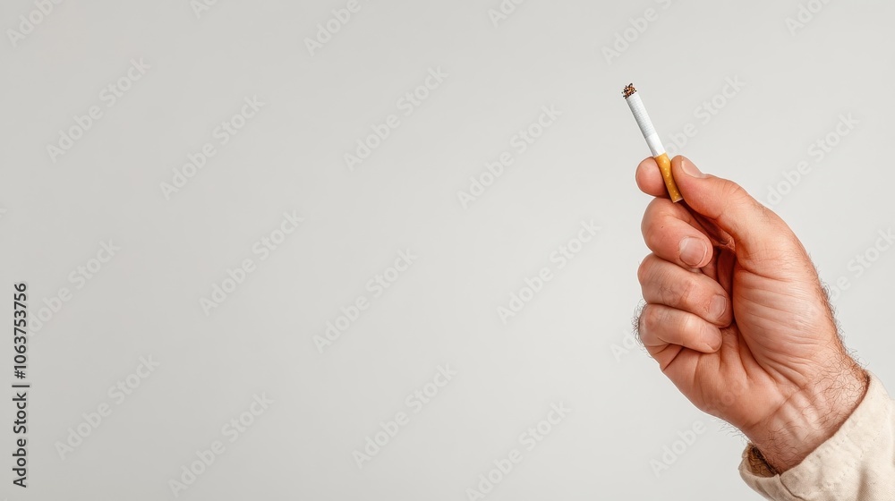 A close-up of a hand grasping a lit cigarette against a plain backdrop, emphasizing the cigarette's lit end and the casual pose of the hand in smoking. A close-up of a hand grasping a lit cigarette against a plain backdrop, emphasizing the cigarette's lit end and the casual pose of the hand in smoking.