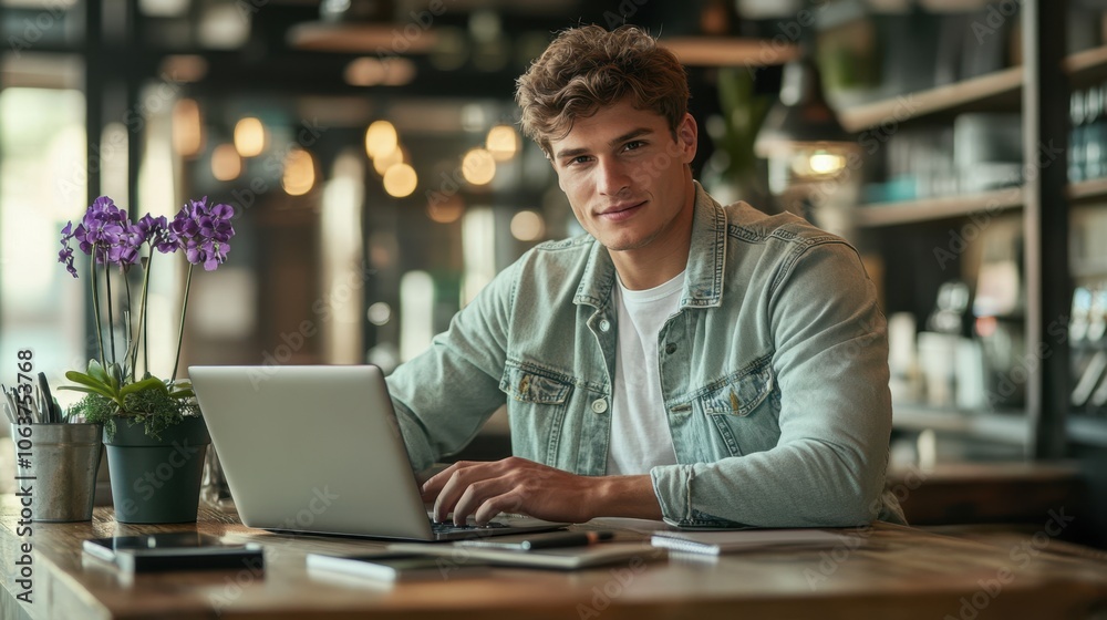 Obraz premium The Young Man at Laptop