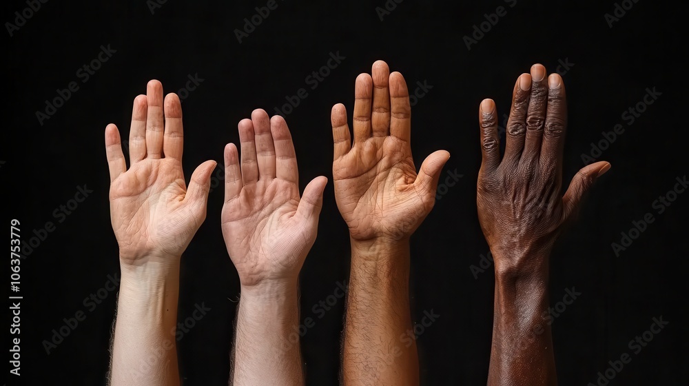 Four diverse hands stretch upwards symbolizing unity, strength, and diversity, captured against a simple black background highlighting their unique societies and dreams. Four diverse hands stretch upwards symbolizing unity, strength, and diversity, captured against a simple black background highlighting their unique societies and dreams.