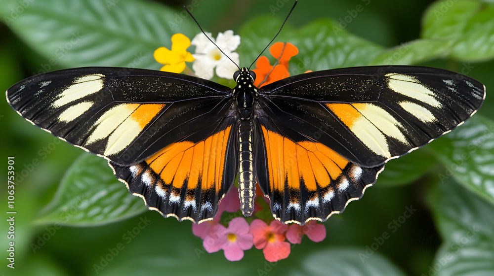 vibrant butterfly with striking orange and black wings rests on colorful flowers, showcasing nature