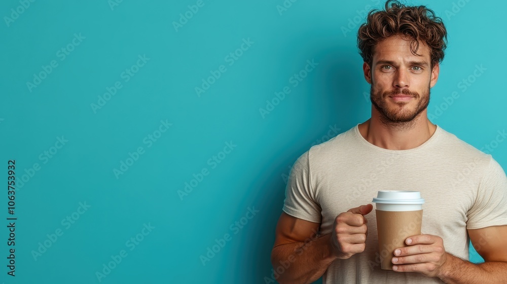 A handsome man stands against a teal background, holding a coffee cup with a relaxed and approachable vibe, wearing a casual t-shirt, fostering ease and comfort. A handsome man stands against a teal background, holding a coffee cup with a relaxed and approachable vibe, wearing a casual t-shirt, fostering ease and comfort.
