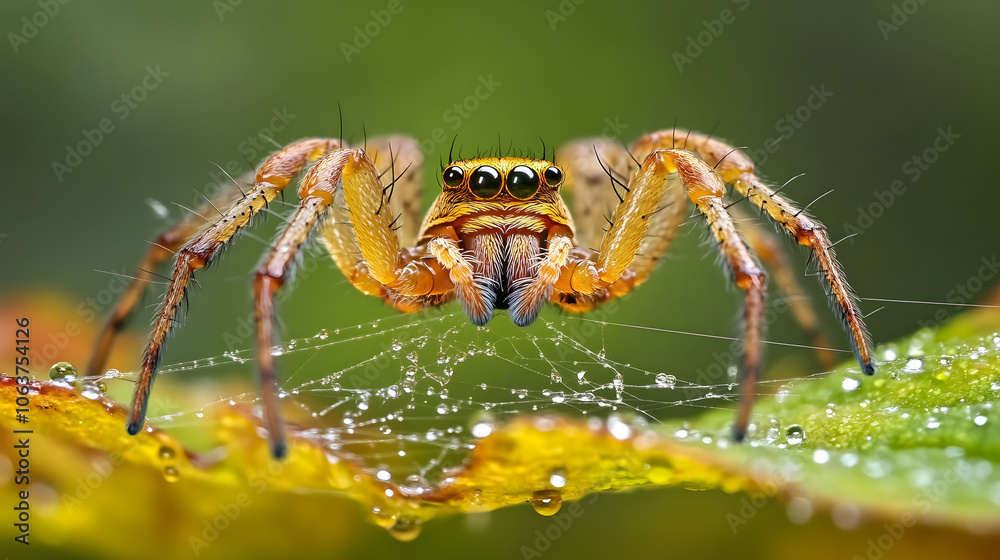 Close up of spider spinning web with dewdrops on leaf Close up of spider spinning web with dewdrops on leaf
