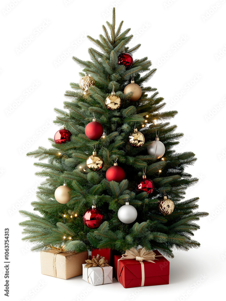 Decorated Christmas tree with red, gold, and white ornaments, surrounded by wrapped gifts isolated on a white background. Decorated Christmas tree with red, gold, and white ornaments, surrounded by wrapped gifts isolated on a white background.
