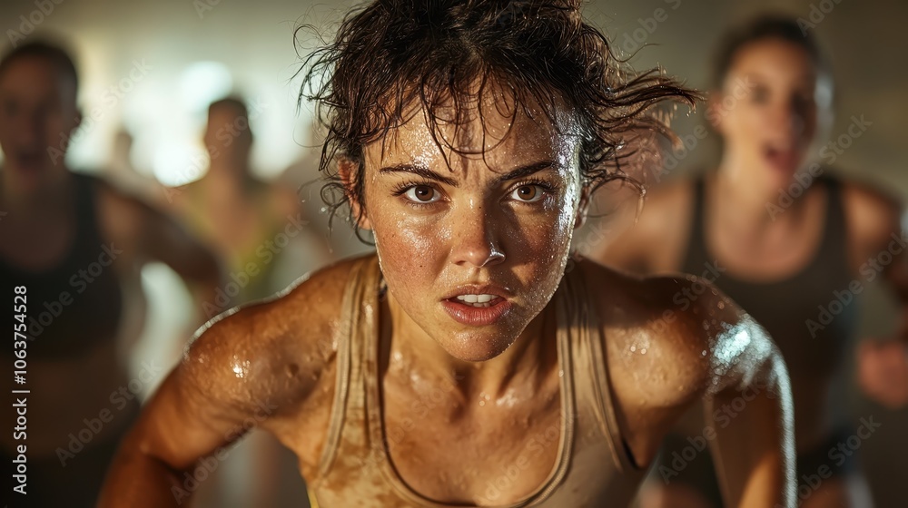 A female athlete in the midst of an intense workout session, showing determination, strength, and focus, with visible sweat highlighting her effort and vigor. A female athlete in the midst of an intense workout session, showing determination, strength, and focus, with visible sweat highlighting her effort and vigor.