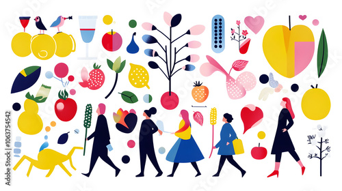 colorful illustration featuring people, fruits, and abstract shapes
