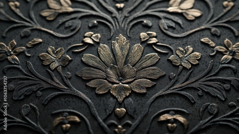 Close-up of an ornate, embossed floral pattern on a dark surface. The pattern is in gold and black, creating a rich and textured design. Close-up of an ornate, embossed floral pattern on a dark surface. The pattern is in gold and black, creating a rich and textured design.
