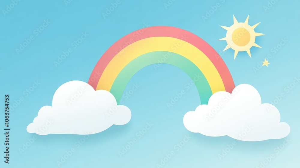 Colorful rainbow and sun over soft clouds against a blue sky.