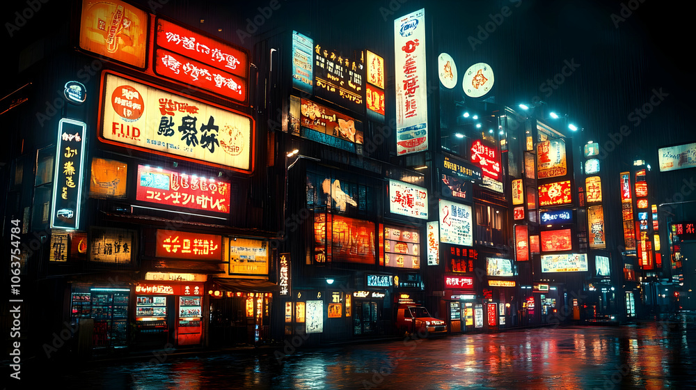 Neon Cityscape Illustration - Rainy Night Neon Cityscape Illustration - Rainy Night
