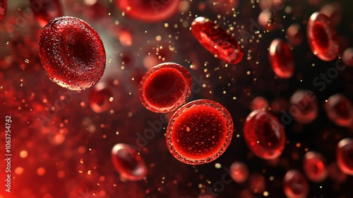 Red blood cells are seen here in a close-up, floating in a liquid medium