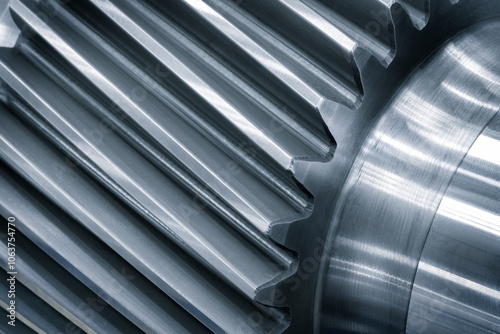 A close up of a gear with a lot of detail. The gear is silver and has a shiny appearance