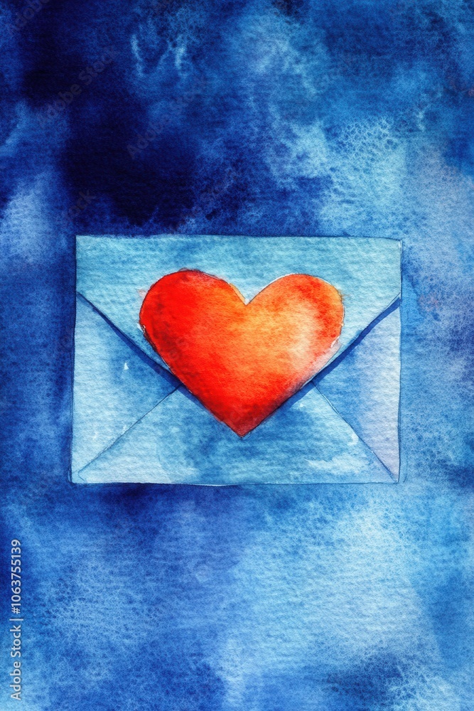Watercolor love letter with heart on blue background Watercolor love letter with heart on blue background