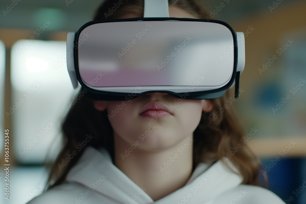 A close up of a young girl wearing a VR headset, her expression serious and focused indoors