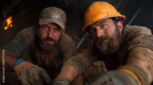 Two exhausted rescue workers, covered in dirt and grime, focus intently on their task amidst a crisis scene, embodying resilience and determination in a time of need.