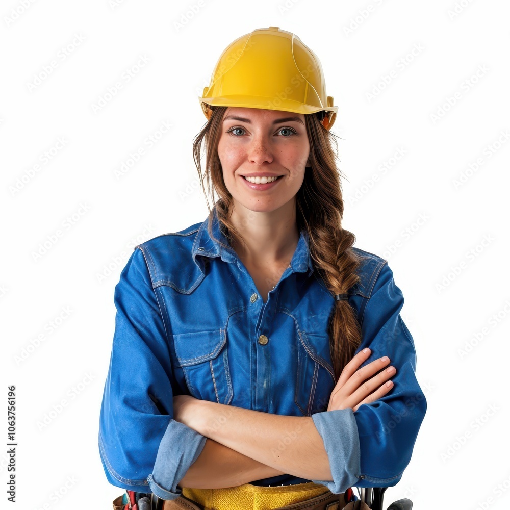Confident female plumber in hard hat and tool belt ready for work Confident female plumber in hard hat and tool belt ready for work
