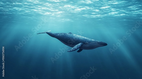 A majestic humpback whale gracefully gliding through deep ocean waters. photo