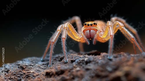 A vibrant orange jumping spider perched on a rock, displaying its large eyes and hairy legs. A striking macro view of the fascinating arachnid. photo