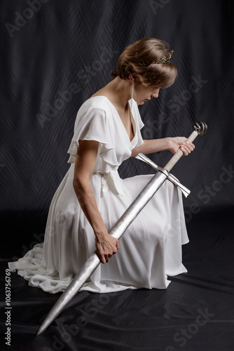 A princess in a white dress takes an oath kneeling and holding a large two-handed sword